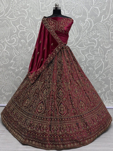Embrace Hot Pink Dori Work Velvet Bridal Lehenga With Double Dupatta - Ethnic Plus In